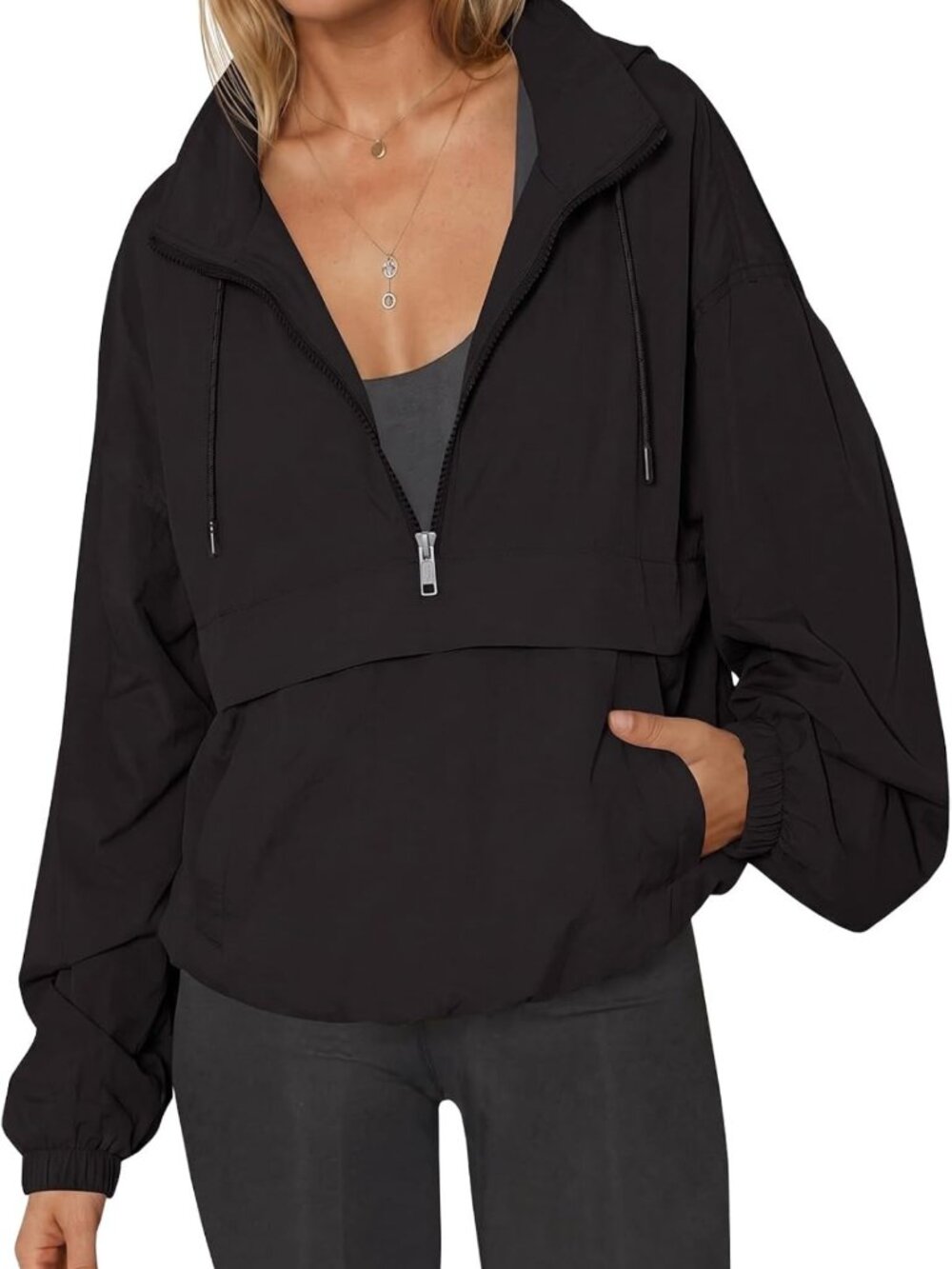 Lightweight Hooded Windbreaker Jacket for Women - Quarter Zip Pullover Style